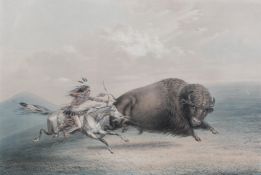 After George Catlin, Native American on horseback hunting a buffalo, a colour lithograph,