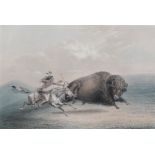 After George Catlin, Native American on horseback hunting a buffalo, a colour lithograph,