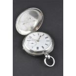 A silver cased full hunter pocket watch, with white enamelled dial and second dial,
