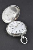 A silver cased full hunter pocket watch, with white enamelled dial and second dial,