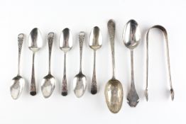 A collection of early silver items, to include a set of six Georgian bright cut teaspoons,