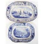 Two Staffordshire blue and white pottery shaped rectangular serving dishes, circa 1825,