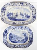 Two Staffordshire blue and white pottery shaped rectangular serving dishes, circa 1825,