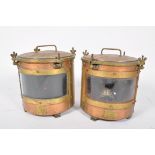 A pair of copper and brass Port and Starboard ships lamps, of cylindrical form,