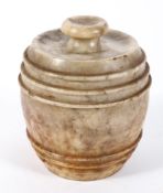 An alabaster urn and cover, of barrel form with simulated coopering, 19th century,