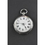 An open face pocket watch. Circular white dial with roman numerals and floral design.