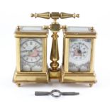 A brass carriage style clock and barometer set, circa 1900,