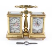 A brass carriage style clock and barometer set, circa 1900,
