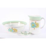 A Wilkinson wash set, painted in a Clarice Cliff 'Rhodanthe' style design, comprising a ewer,