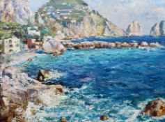 Elitro (20th century, Continental school), Village by the Sea, oil on canvas, framed,