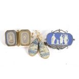 A pair of Wedgwood blue jasper ear drops on yellow metal backs;