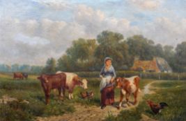 Samuel Joseph Clark (British, 1834-1912), oil on canvas, Lady Leading Cattle through a field,
