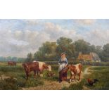 Samuel Joseph Clark (British, 1834-1912), oil on canvas, Lady Leading Cattle through a field,