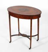 An Edwardian Georgian-style satinwood oval side-table, painted with a classical woman with garland,