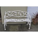 A Coalbrookdale style oak leaf and acorn design cast iron garden bench, 80cm high, 132cm long,