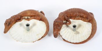 Two taxidermy baby crocodiles or alligators mounted as candlesticks, 20th century,