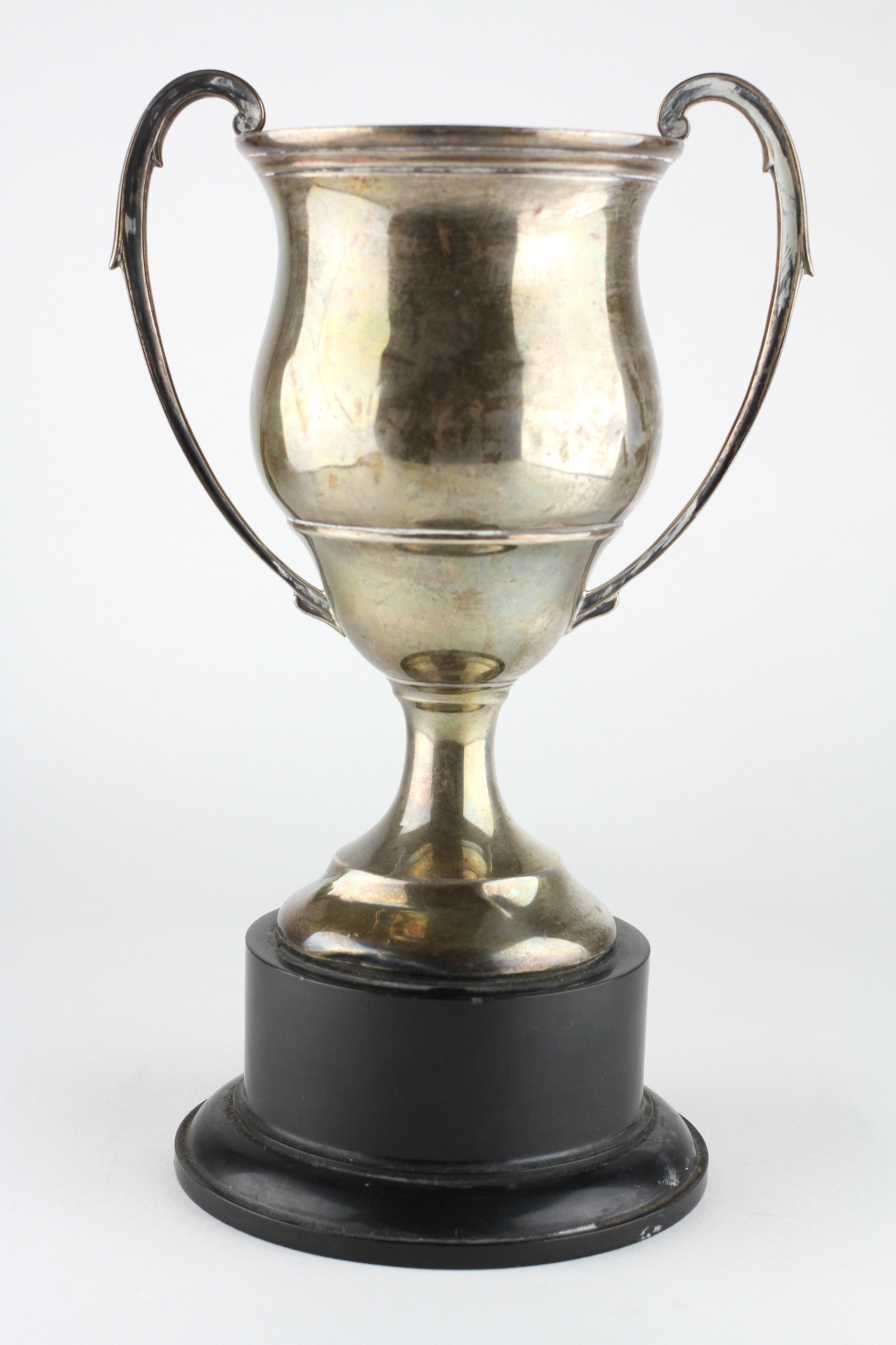 A George V silver twin handled trophy cup, mounted upon base,