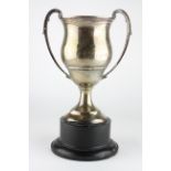 A George V silver twin handled trophy cup, mounted upon base,