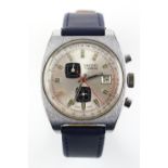 A stainless steel backed Smiths 17 jewel chronograph wristwatch with blue leather strap. 67.