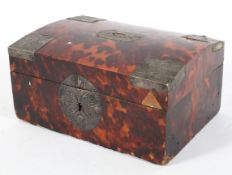 A 19th century tortoiseshell and white metal mounted box, the mounts decorated with stylised tulips,