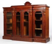 A William IV style mahogany breakfront glass bookcase,