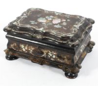 A Victorian papier mache sewing box, inlaid with mother of pearl, with fitted interior and contents,