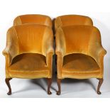 A set of four Edwardian tub chairs upholstered in ochre velvet, on mahogany scroll cabriole legs,