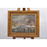 R Evans, Dutch style ice skating scene, signed lower right, oil on canvas,