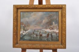 R Evans, Dutch style ice skating scene, signed lower right, oil on canvas,