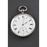 An open face pocket watch. Circular white dial with roman numerals and small second dial.