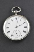 An open face pocket watch. Circular white dial with roman numerals and small second dial.