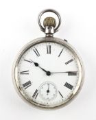 An open face pocket watch. Circular white dial with Roman numerals.