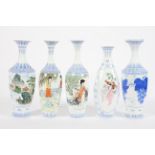 Five Chinese eggshell porcelain presentation vases, each printed with figures, birds or fruit,