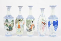 Five Chinese eggshell porcelain presentation vases, each printed with figures, birds or fruit,