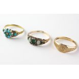 A collection of three rings to include a turquoise daisy cluster,