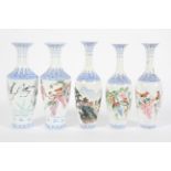 Five Chinese eggshell porcelain presentation vases, each printed with birds,