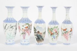 Five Chinese eggshell porcelain presentation vases, each printed with birds,