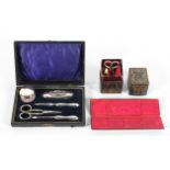 A Victorian silver-mounted ladies boxed manicure set and other similar items,