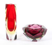 A 20th century vintage Murano Sommerso triple cased glass vase in a faceted geode form