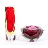 A 20th century vintage Murano Sommerso triple cased glass vase in a faceted geode form