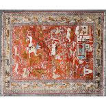 A Kashmir silk piled pictorial carpet, depicting a hunt and other beasts,