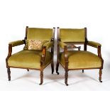 A pair of Edwardian mahogany and inlaid armchairs, with green velour upholstered back,
