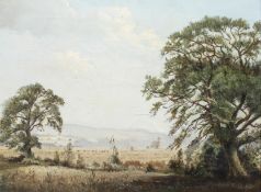 Ralph Ellis, Rural scene with trees and haystacks beyond, oil on canvas, signed and dated 1961,