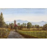 A M Sweet, Country lane with a Church and hills beyond, oil on canvas, signed lower left,