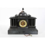 A Victorian slate mantel clock, of architectural form, with metal pine cone finial atop a dome,