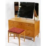 A Meredew 1960's vintage golden oak dressing table chest having a triptych mirror