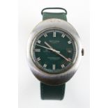 A stainless steel backed Sicura 25 jewel wristwatch with date feature and green leather strap. 70.