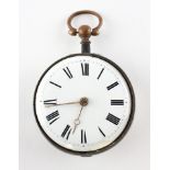 An open face pocket watch. Circular white dial with roman numerals. Key wound movement.