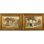 A pair of watercolours of traditional Victorian street scenes signed LS monogram lower right,