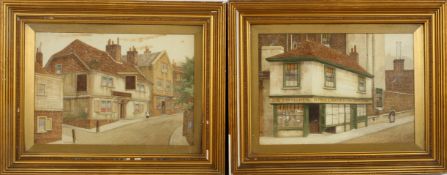 A pair of watercolours of traditional Victorian street scenes signed LS monogram lower right,